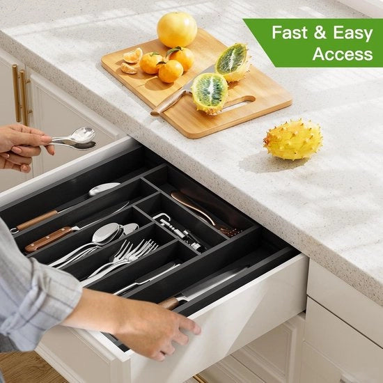 Organizzatore di Cucina - Scatola di Organizzazione per Cucina Estensibile - Cassettino di Utilizzo Versatile - Organizzatore per Coltelli e Cucchiaini - Legno di Bambù Nero