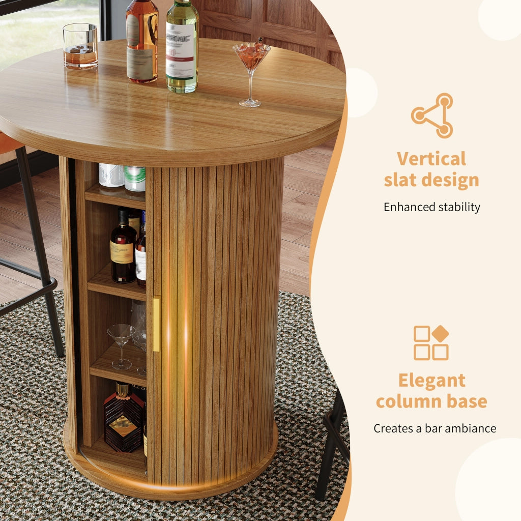Tavolo da bar rotondo con 4 ripiani e anta scorrevole, per soggiorno e bar, in MDF e metallo, effetto legno, 60 × 60 × 91.6 cm