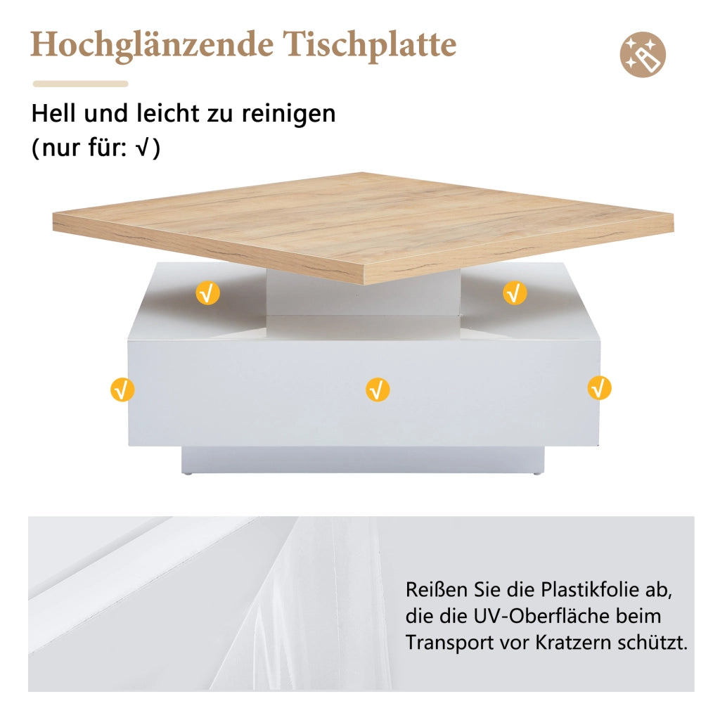 Tavolino basso con piano girevole 360° e cassetto, finitura lucida, in truciolato, noce e bianco, 70 × 70 × 36 cm