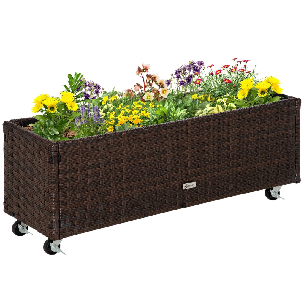 Fioriera Rialzata in Poly Rattan con Ruote e Fori di Drenaggio Marrone Caffè per Giardino e Balcone 94,5 x 31 x 36 cm