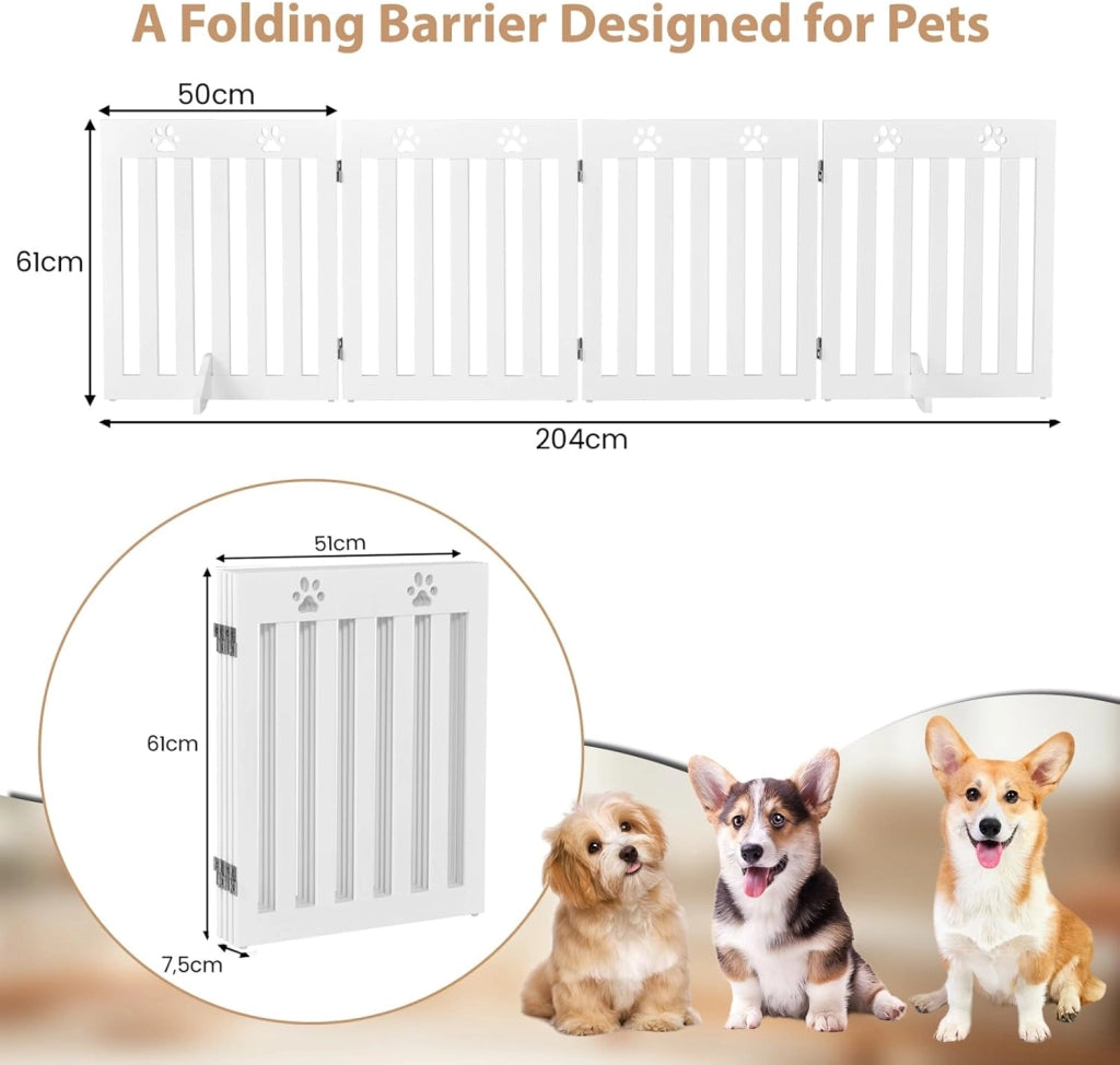 Cancelletto per Cani Pieghevoli 204 x 60 cm, Barriera per Cani in Legno a 4 Pannelli con Piedini Stabili, Recinzione per Scale, Ingressi e Corridoi (Bianco)