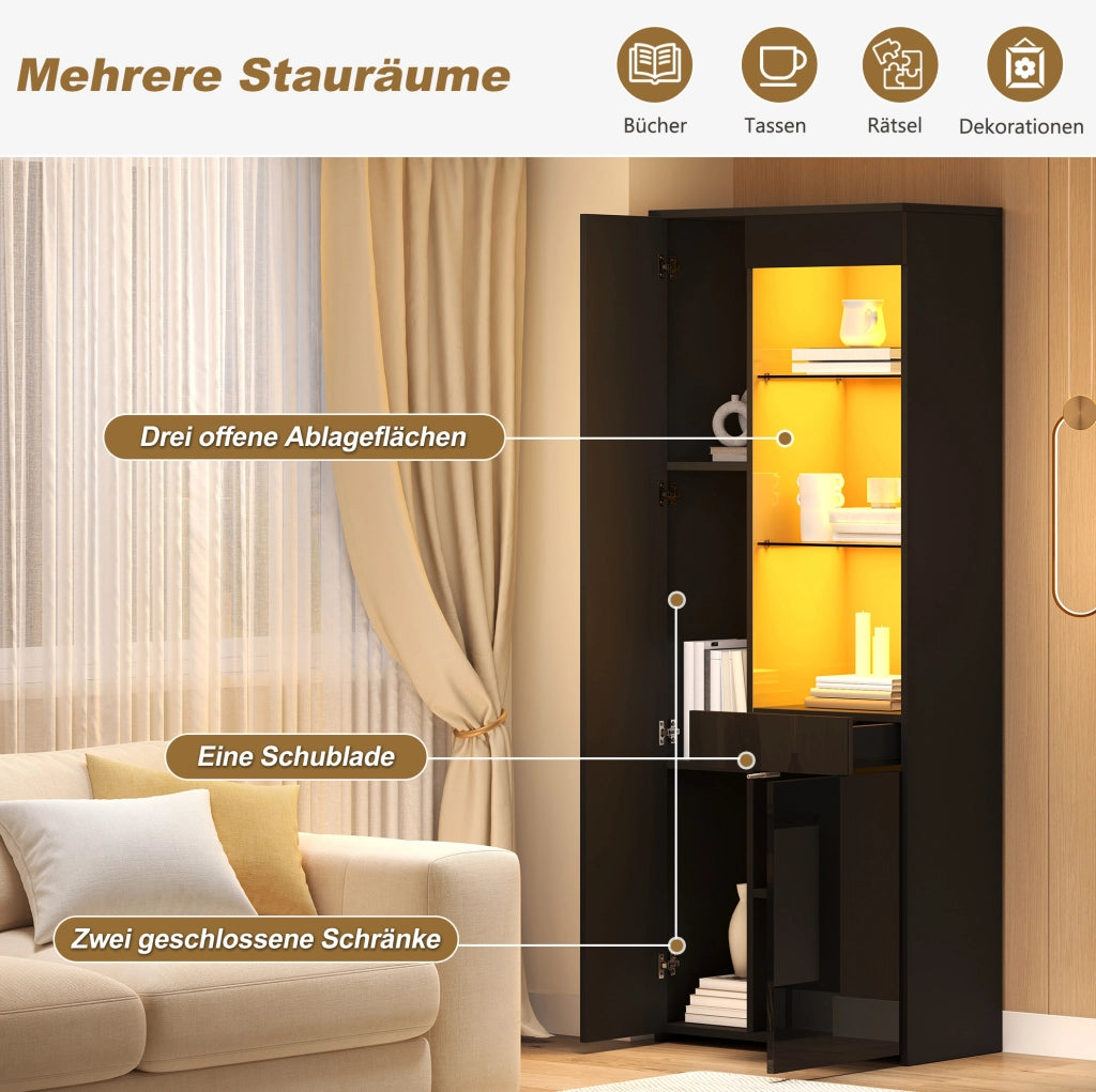 Vetrina alta 70x35x180 cm in truciolare nero con LED; 2 ante; cassetto e vetro temperato