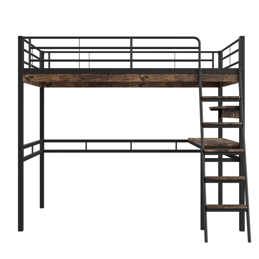 Letto a soppalco 90x200 cm nero metallo e MDF con scrivania e ripiani