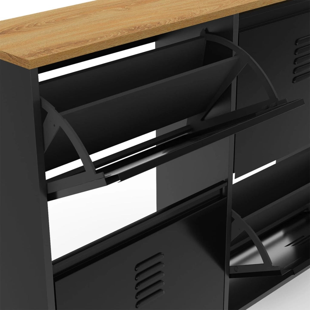ESTER zapatero de metal negro de 4 puertas para 20 pares con tapa de madera de diseño industrial