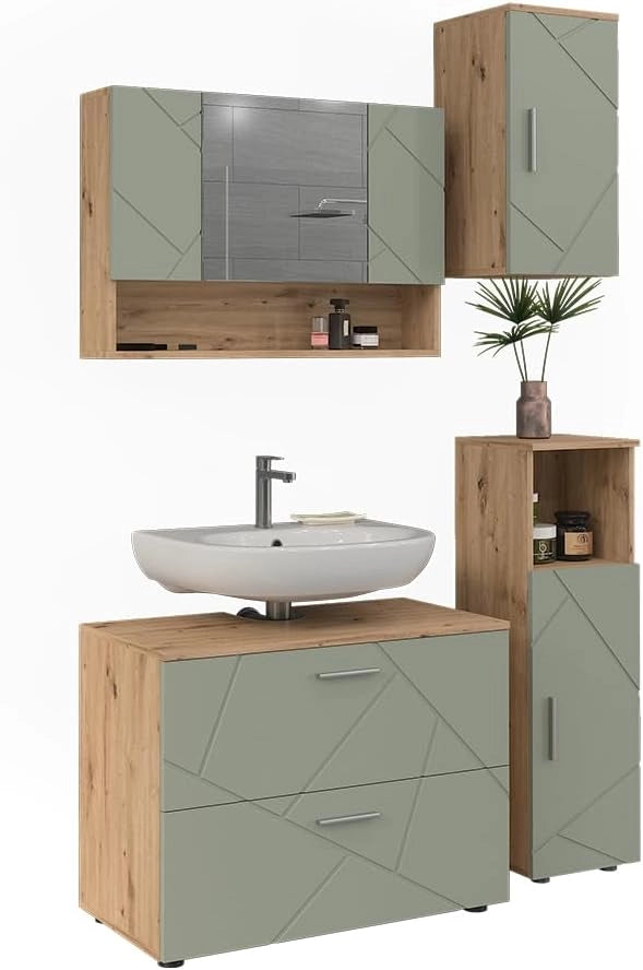 Set di mobili da bagno Irma, Verde salvia, 80 cm, composto da mobile sottolavabo, specchiera, armadio medio e pensile