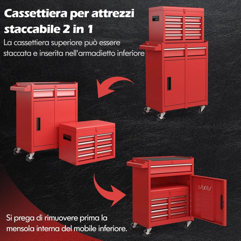 Cassettiera Portautensili a 4 Cassetti, Carrello per Attrezzi con Ruote Bloccabili Ripiano Regolabile e Rivestimento Antiscivolo, 59 x 28 x 102 cm (Rosso)