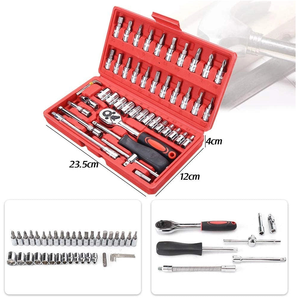Trade Shop - Set Kit 46 Pezzi Chiavi A Bussola Con Cricchetto 1/4" Cacciavite Esagonale Tubo -