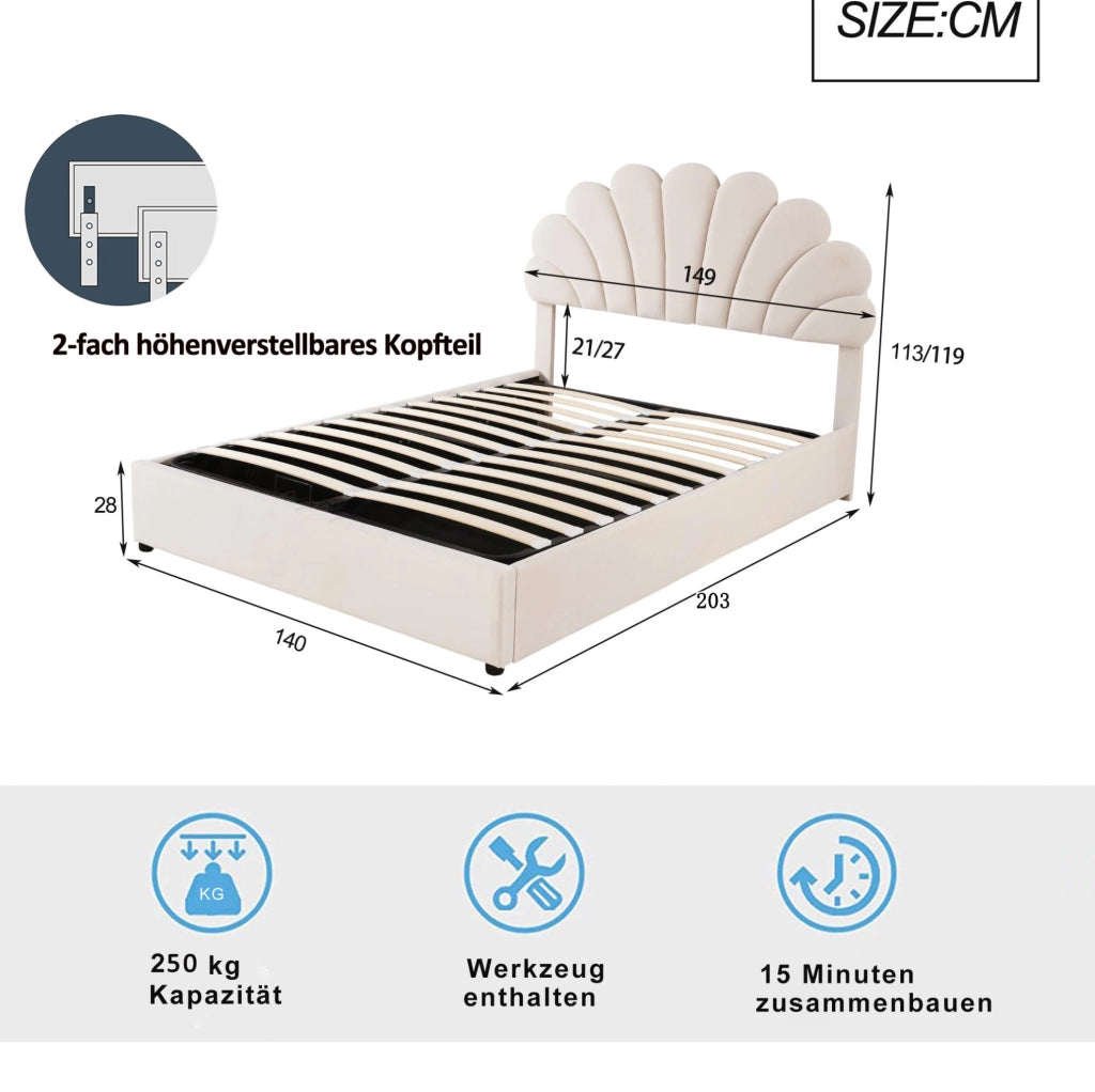 Letto imbottito 140x200 cm con contenitore idraulico e testiera floreale beige