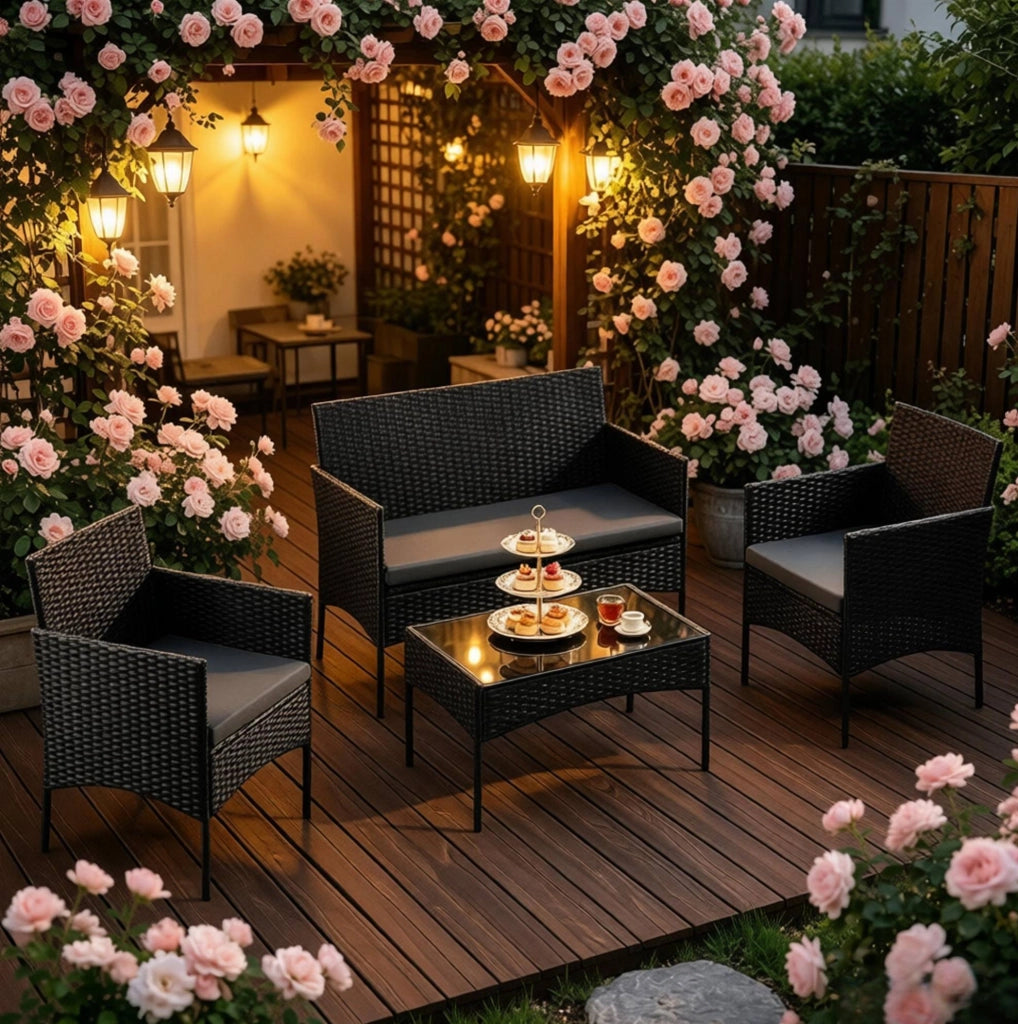 Set da giardino per 4 persone in PE rattan nero con tavolino in vetro temperato
