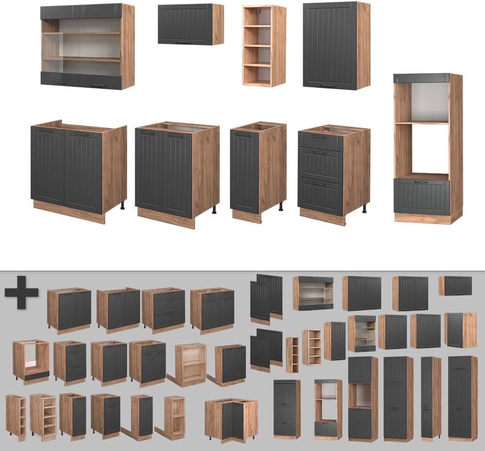 Cucina componibile Fame-Line, Grigio scuro, 280 cm senza piano di lavoro