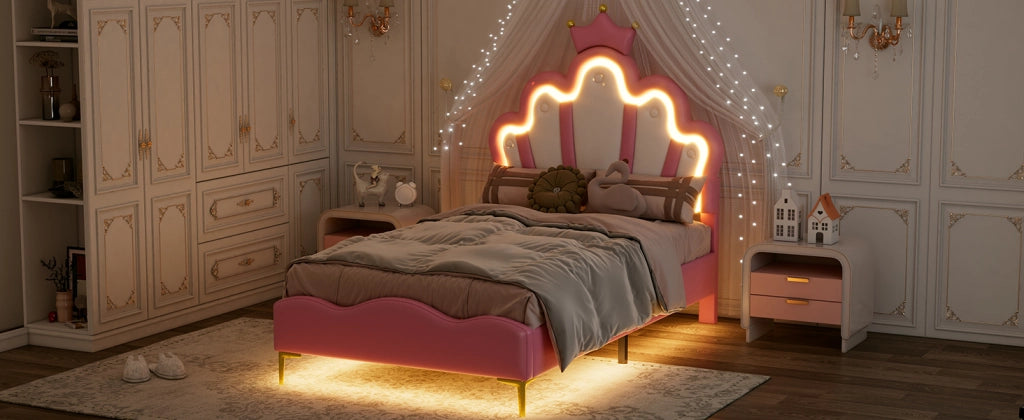 DESMIU Letto Singolo 1 Posto con LED Regolabile, Testiera a Corona, 90 × 200 cm, Senza Materasso, PU Rosa