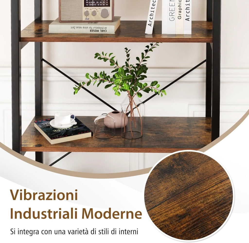 Libreria a 5 Ripiani, Scaffale di Stoccaggio con Struttura in Metallo e Doppio Sistema Anti-Ribaltamento, Scaffale Autoportante per Ufficio Soggiorno Camera da Letto, 66x34x161 cm