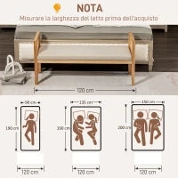Panca Fondo Letto Boho con Seduta Imbottita e Braccioli in Legno e Rattan, 120x38x61.5cm, Crema