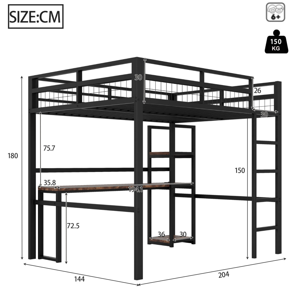 Letto a soppalco 140 x 200 cm in metallo con scrivania, scaffali e prese USB/Type-C