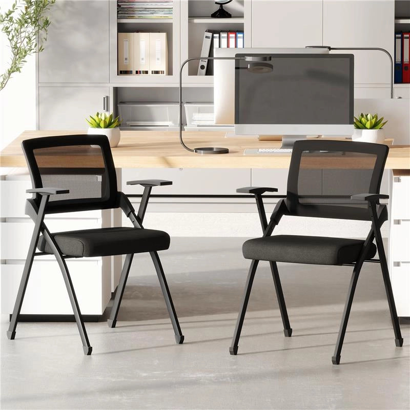 SET 2 SEDIE PIEGHEVOLI CON SCHIENALE CURVO E BRACCIOLI, IN TESSUTO EFFETTO LINO E ACCIAIO, 61X56X84 CM, NERO