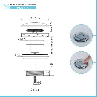 Piletta di scarico click clack universale cromo lucido con e senza troppopieno