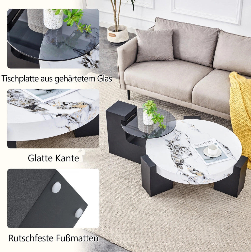 Tavolino da salotto rotondo a due livelli con piano effetto marmo; bianco e nero; MDF e vetro