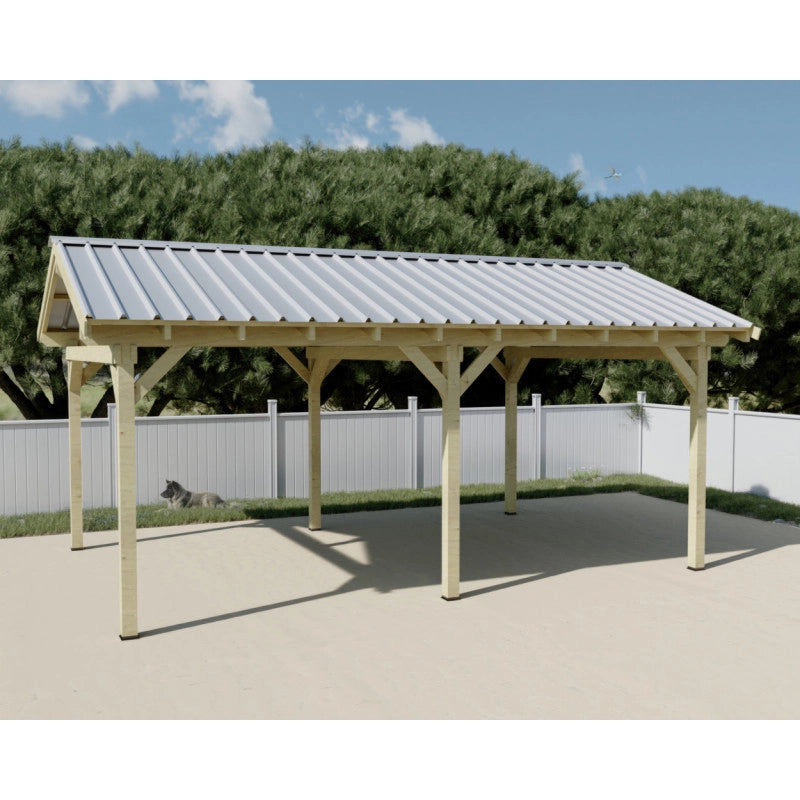 Tettoia posto auto in legno abete 390x596 cm – Altezza 330 cm – Carport con copertura acciaio zincato – 2 posti auto – KA4565BA Foresta