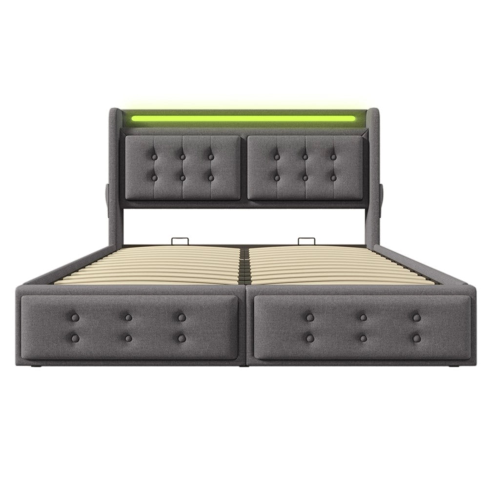 Letto Imbottito Matrimoniale con Testiera LED e USB ¨C MINIMAL ¨C Contenitore Idraulico, Grigio, 180x200