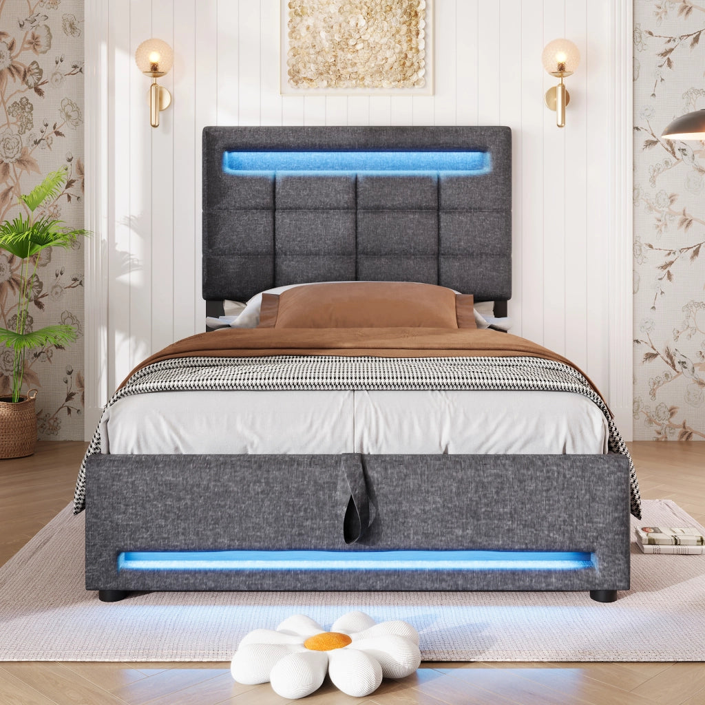 Letto imbottito 90x200 cm in lino grigio con LED APP, USB e contenitore idraulico