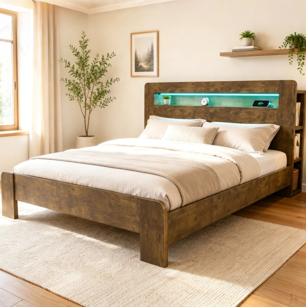 Letto 180x200 cm con testiera portaoggetti; LED e prese integrate in legno colore naturale