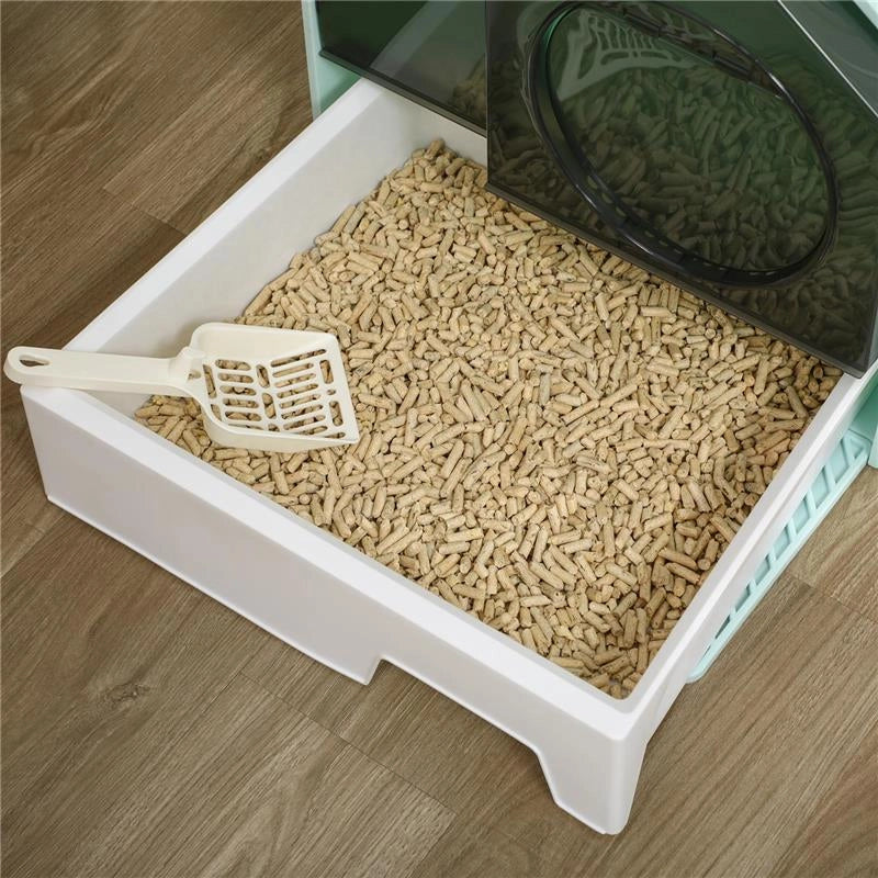 LETTIERA PER GATTI CHIUSA CON VASSOIO ESTRAIBILE, TAPPETINO E PALETTA, 47X45X42CM, AZZURRO