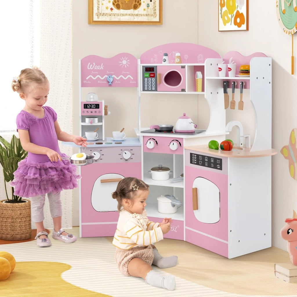 Cucina Giocattolo Angolare con Fornelli e Micronde da Suoni e Luci, Cucina per Bambini in Legno con Macchina Caffè, Lavandelo, Forno e Lavatrice, Set Cucina con Accessori (Rosa)
