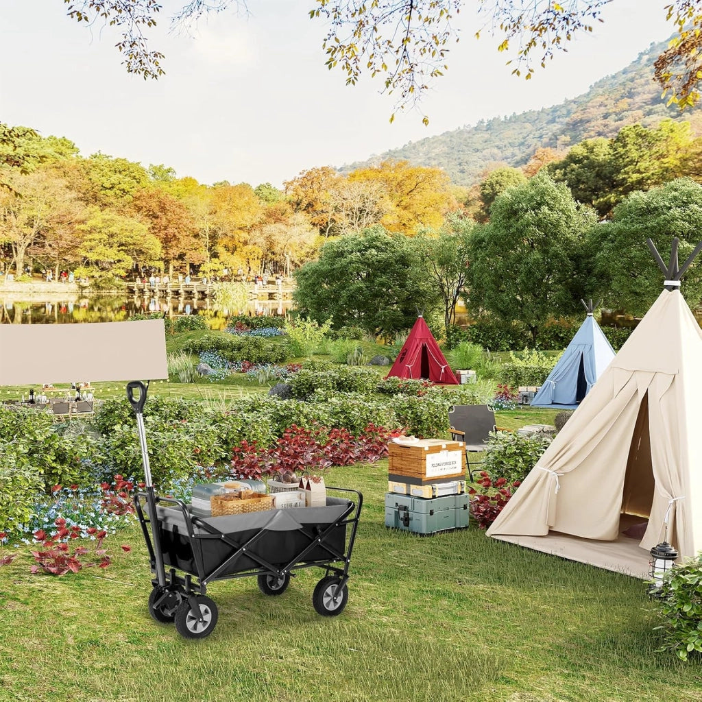 Carrello da Giardino Pieghevole, con Maniglia Regolabile, Carrello da Spiaggia Portatile con Tasche Laterali per Spesa, Picnic, Adatto a Vari Suoli, Portata 80 kg, Nero+Grigio