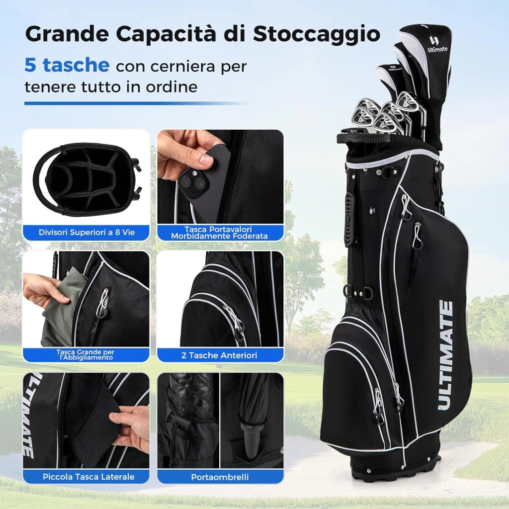 Set Completo di Mazze da Golf per Destri da Uomo, con Driver da 460 cc, Legno da Fairway 3, Ibrido 4, Ferri 6 7 8 9, P, Putter e Borsa per mazze da golf