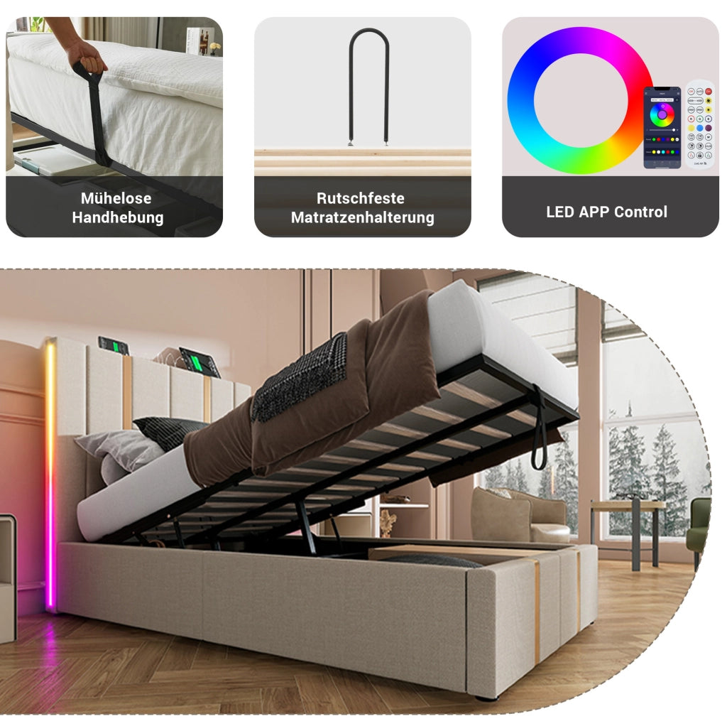 Letto imbottito 90x200 cm beige con materasso, LED e ricarica USB-C