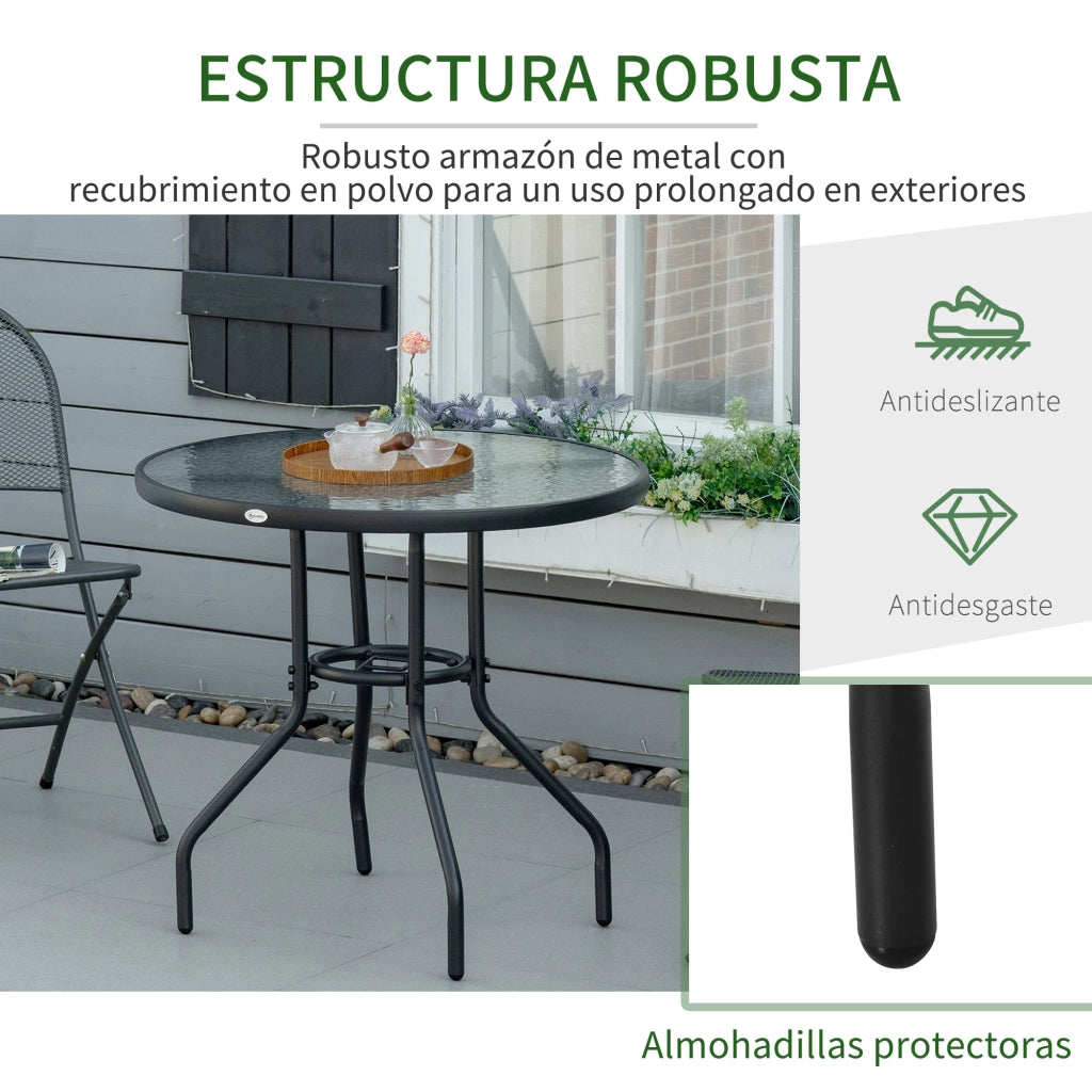 Tavolino da giardino con ombrellone e piano in vetro temperato ¨C zephmum ¨C nero 80x72 cm