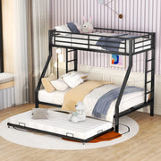 OKWISH Letto a Castello 90×200 cm e 140×200 cm, Letto 3 Posti con Letto Estraibile, 2 Scale e Sponde, senza Materasso, in Metallo, Nero