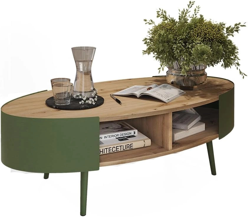 Tavolino Lofta, Verde, 120 x 60 cm, con ripiano per riviste e telecomandi