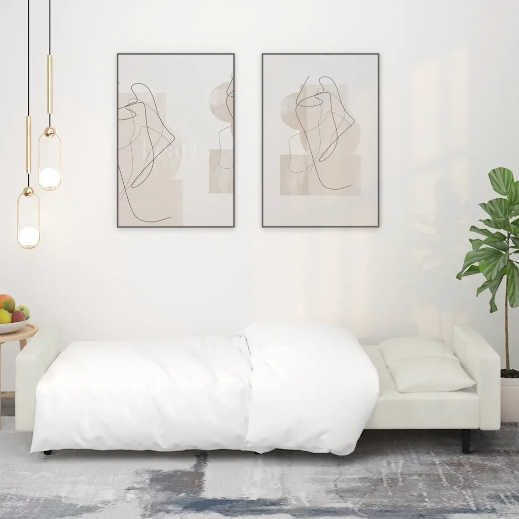 Divano Letto a 2 Posti con 2 Cuscini Crema in Velluto 375823