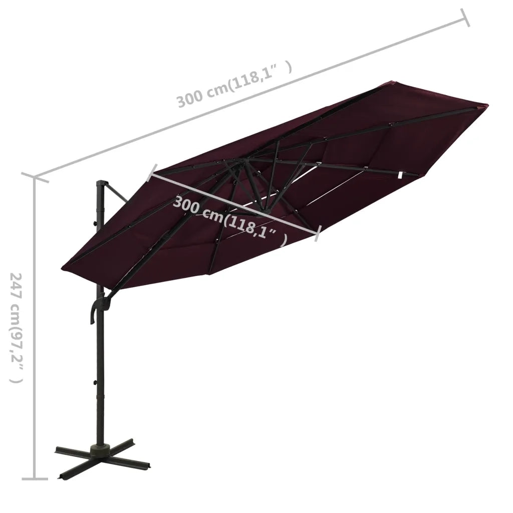 Ombrellone a Sbalzo 4 Livelli Palo in Alluminio 3x3 m Bordeaux 313832