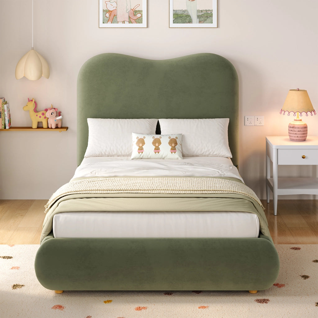 OKWISH Letto contenitore 90×200 cm, Letto Singolo con Vano Contenitore, Testiera Imbottita e Struttura Integrata, senza Materasso, in Velluto, Verde