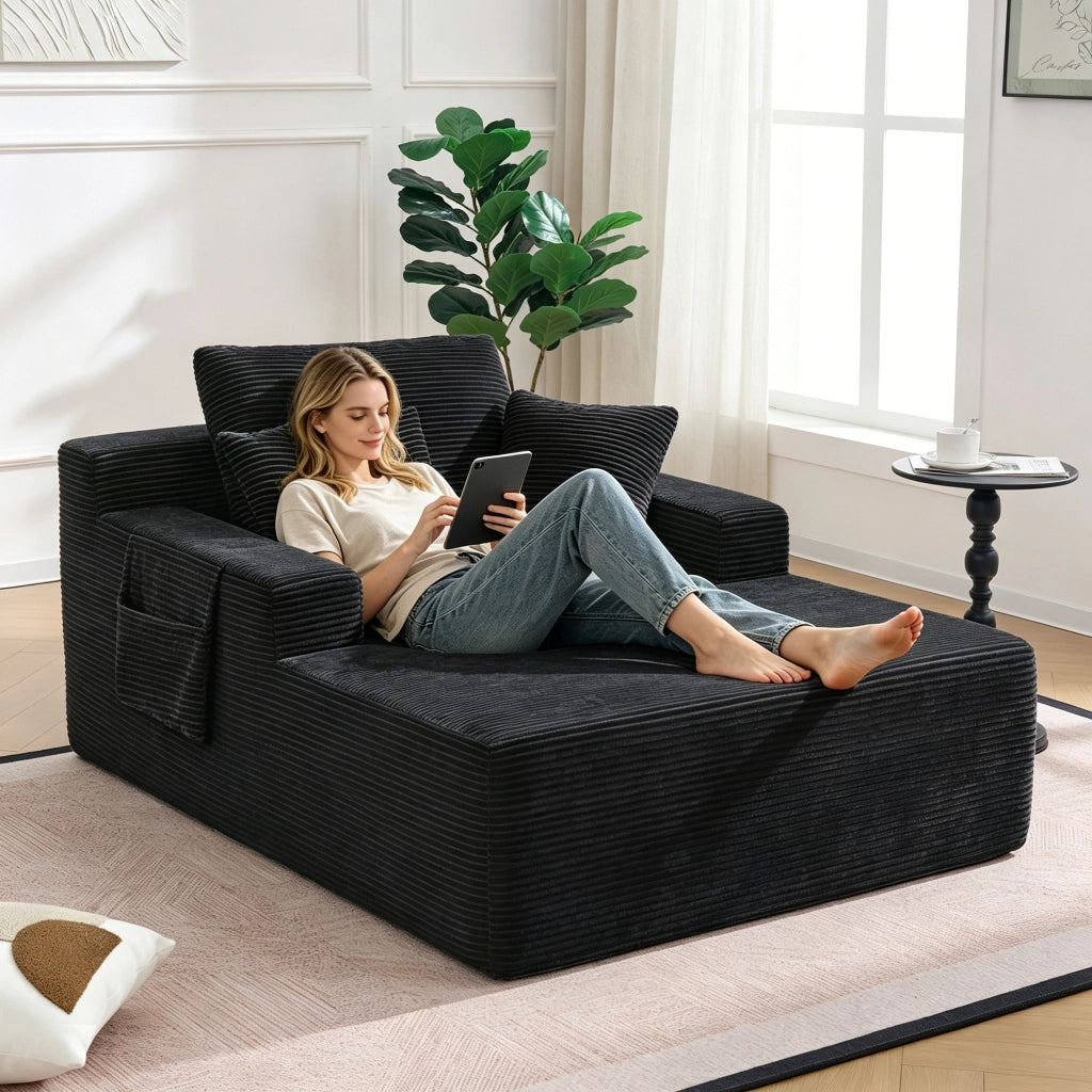Divano in velluto a coste con tasche laterali e cuscini morbidi, design retrò, struttura stabile, nero