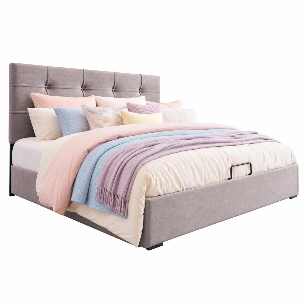 Letto matrimoniale imbottito 140x200 cm in velluto, testiera regolabile, contenitore con rete a doghe, grigio chiaro