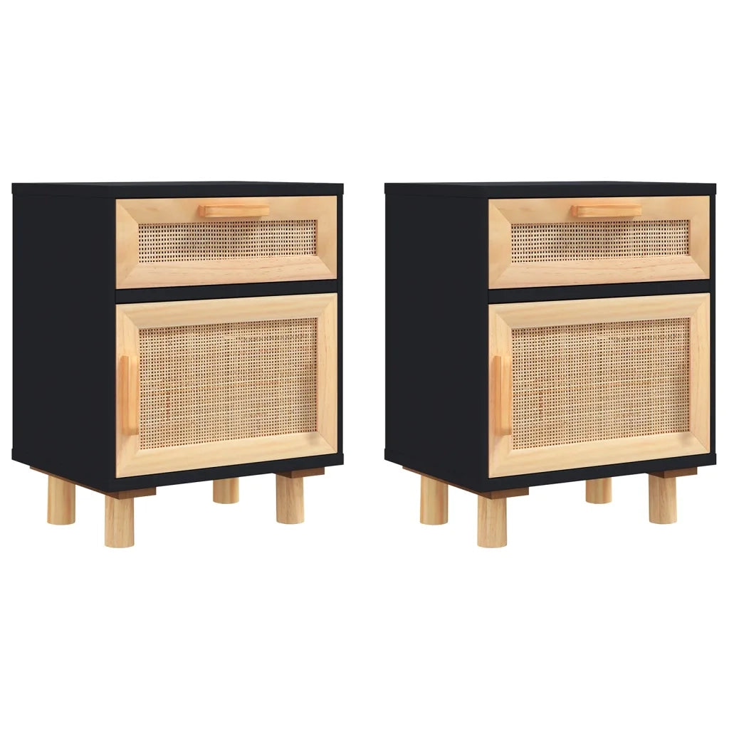 Comodini 2 pz-Set di 2 Tavolino da notte Neri in Legno Massello di Pino e Rattan Naturale