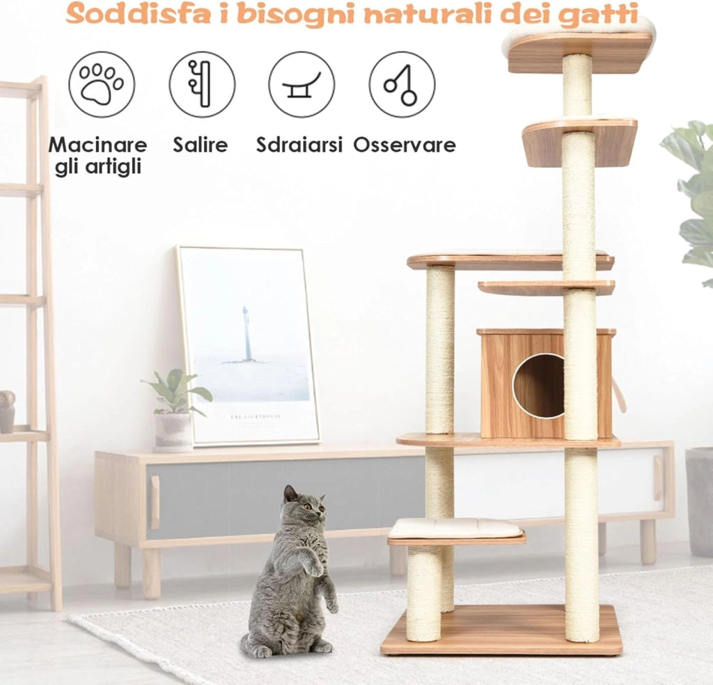 Tiragraffi per Gatti 176cm, Albero per Gatti Adulti XXL con Corda Sisal, Cuccia, Piattaforma e Cuscini, 86,5 x 86,5 x 176cm, Nero e Naturale