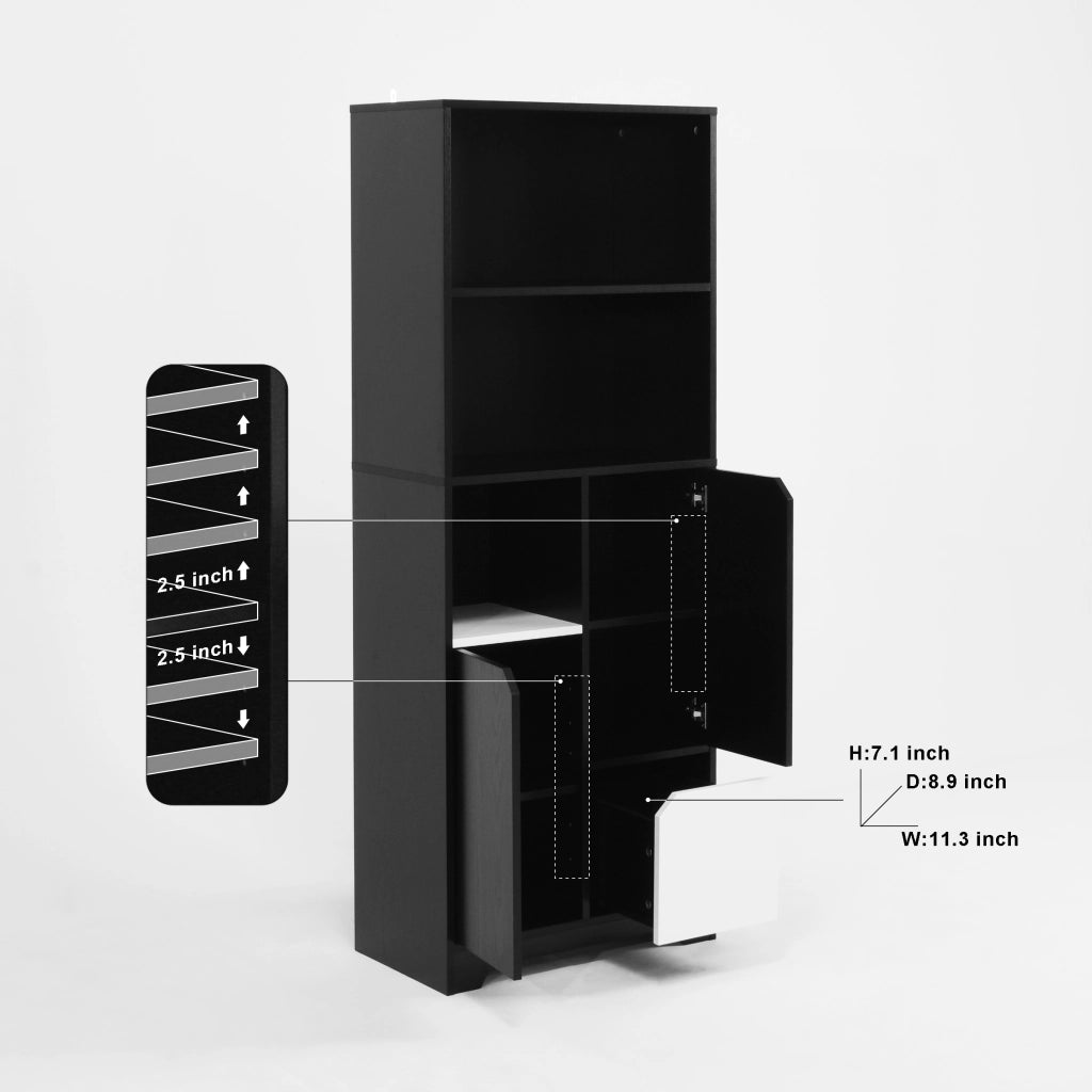 Libreria moderna con vano aperto, ante e cassetti in truciolato nero e bianco per casa 60 × 35 × 160 cm