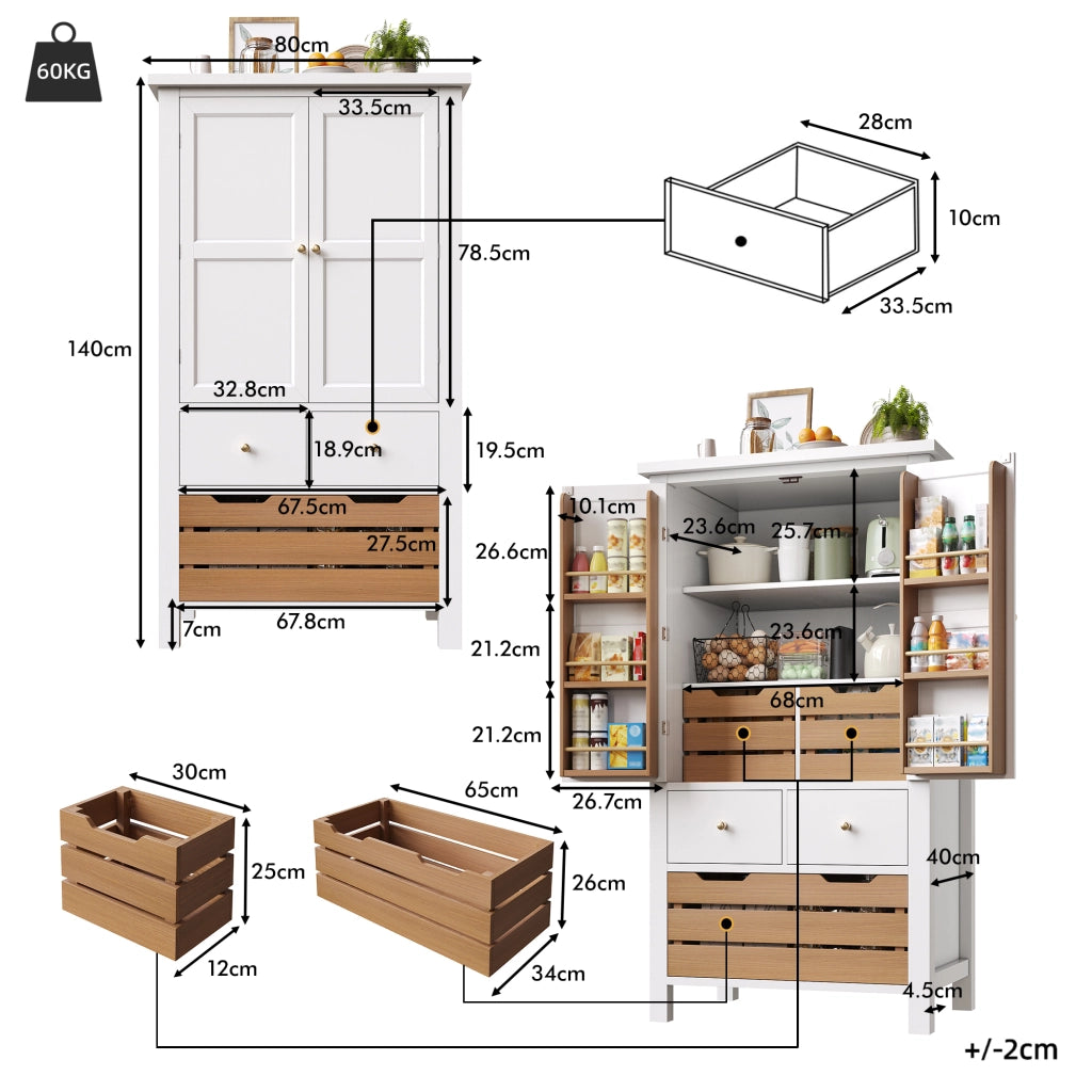 Credenza alta da cucina con due ante, cinque cassetti e ripiani in MDF e PB bianca 80 × 40 × 140 cm