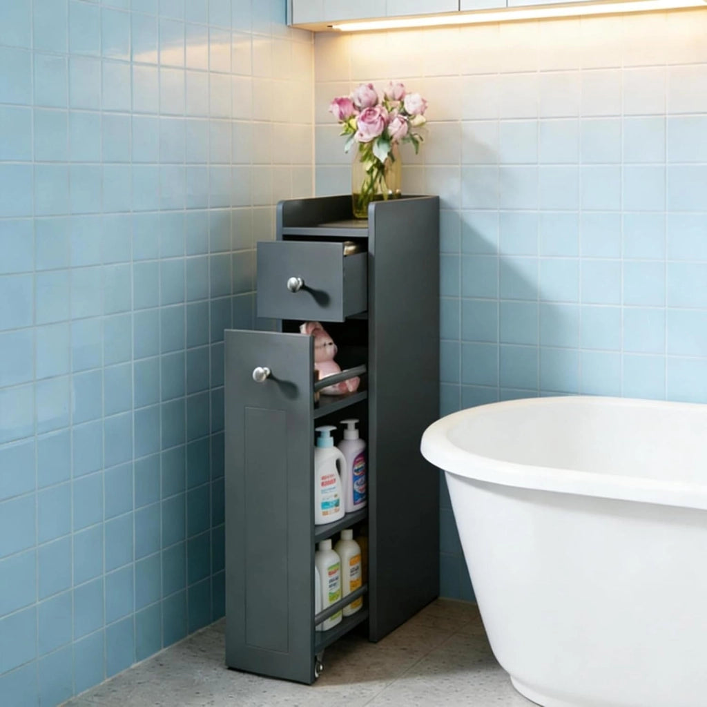 Mobile ausiliario da bagno stretto, armadio sottile per WC con 2 cassetti, 40 x 18 x 70 cm, organizer per bagno, cucina, soggiorno (grigio)