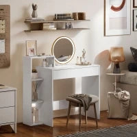 Scrivania PC Moderna con 3 Ripiani Aperti e Cassetto, in Legno Bianco, 100x40x90 cm