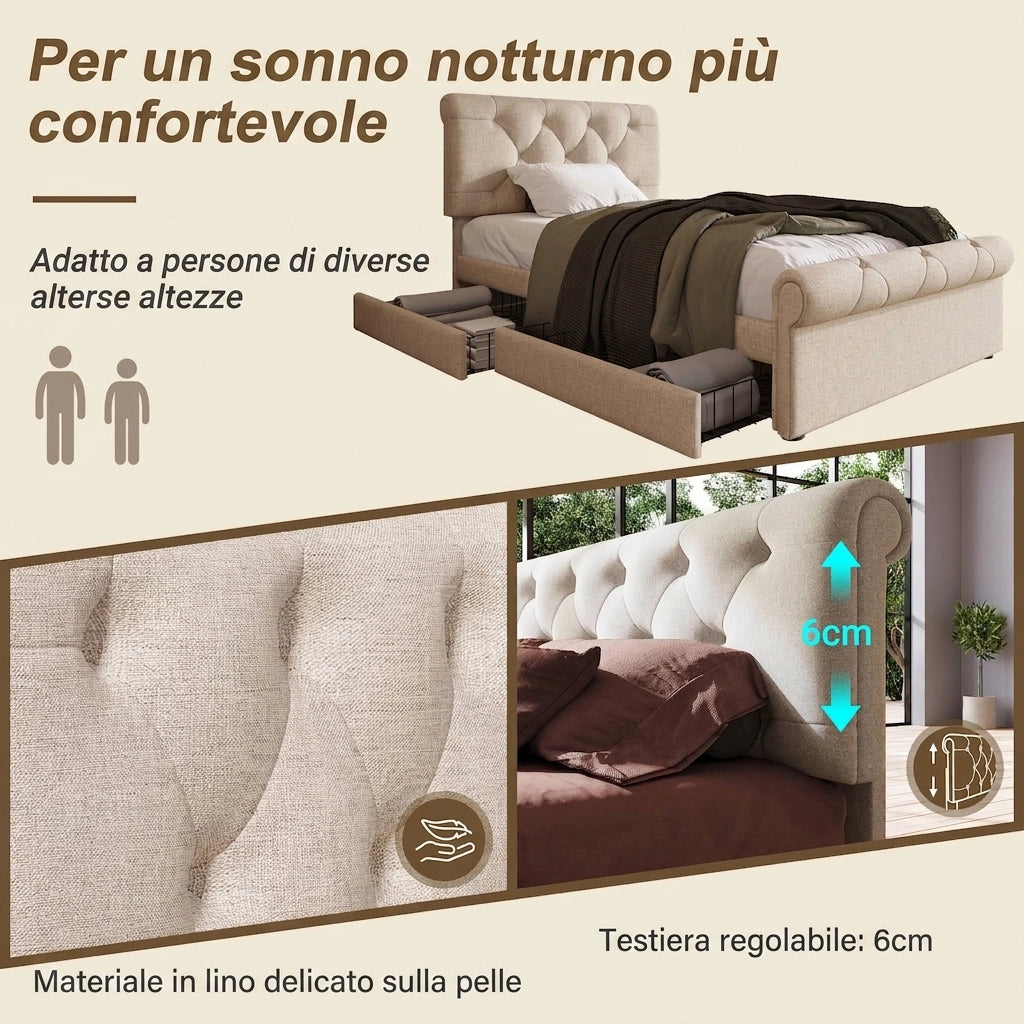 Letto singolo imbottito 90x200 struttura letto con 2 cassetti e testiera; Lino e Legno; Naturale