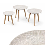 TRIS DI TAVOLINI TONDI  DA ARREDO IN LEGNO E PIANO D'APPOGGIO BIANCO EFFETTO RADIALE D.44,5/40/30