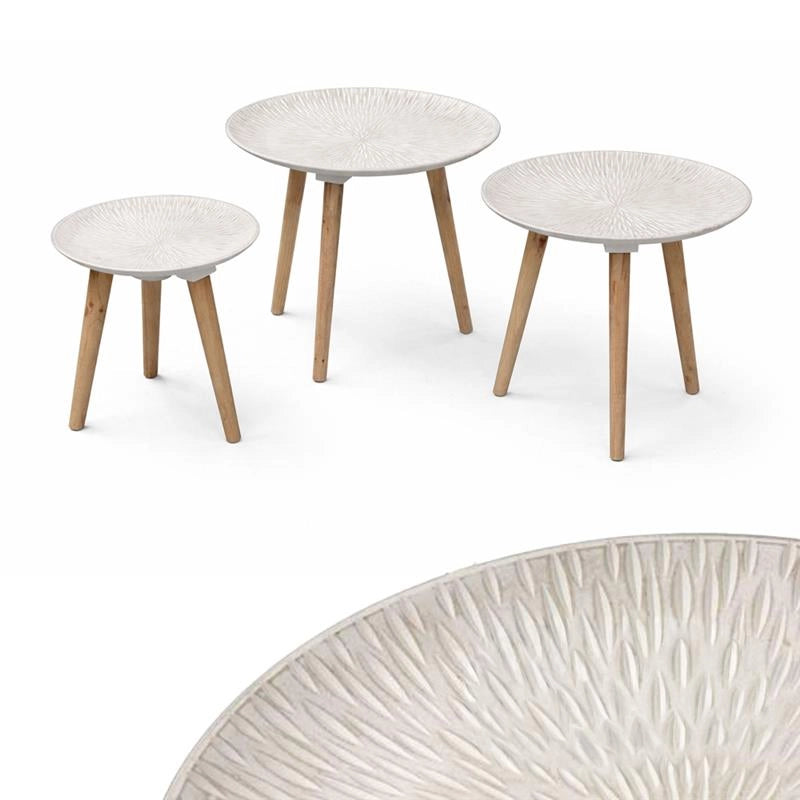 TRIS DI TAVOLINI TONDI  DA ARREDO IN LEGNO E PIANO D'APPOGGIO BIANCO EFFETTO RADIALE D.44,5/40/30