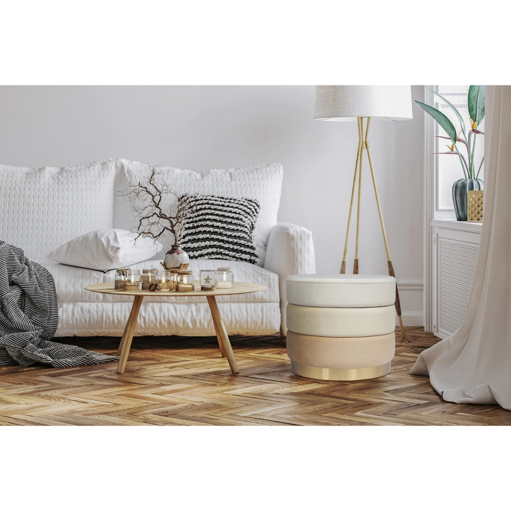 Pouf Elyse in velluto color crema con base in acciaio