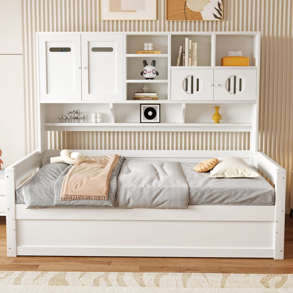 OKWISH Letto Divano 90×200 cm, Letto Singolo con Contenitore Idraulico, Vani e Armadietti Portaoggetti, senza Materasso, Bianco