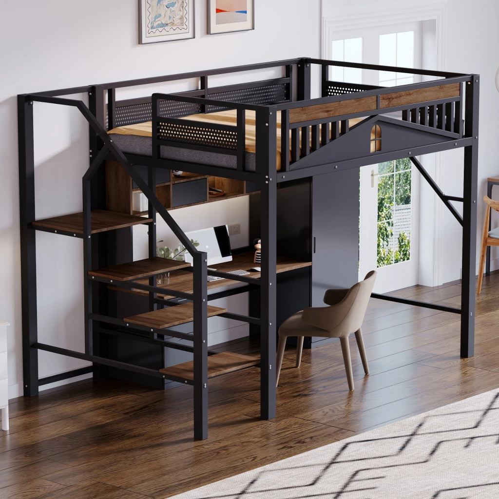 OKWISH Letto a soppalco 140×200 cm, Letto Matrimoniale con Scala di Sicurezza, Spazio Contenitore sotto la Scala e Sponda a Finestra, senza Materasso, Nero